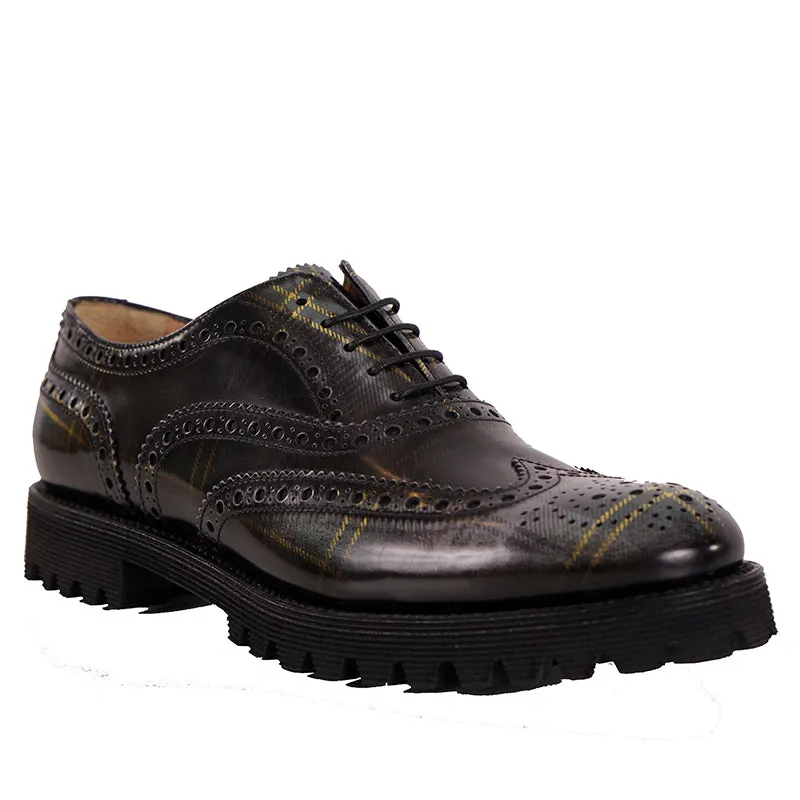 39.5 NEW $925 CHURCH'S Woman's Gray Green POLISHED TARTEN PLAID Leather OXFORDS