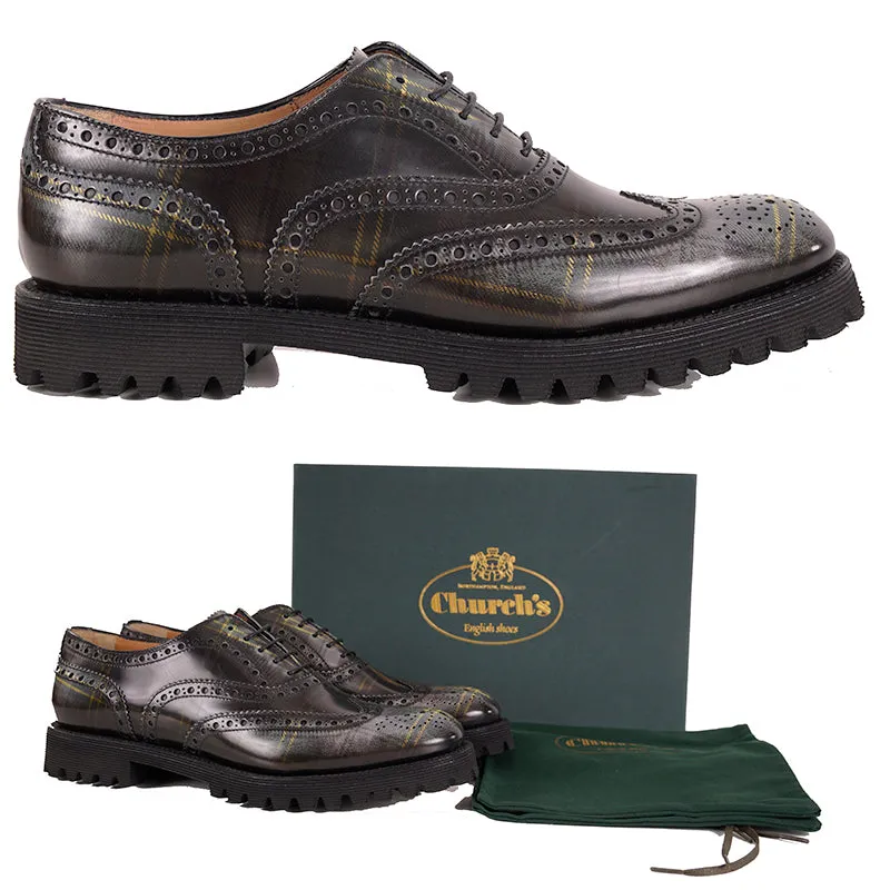 39.5 NEW $925 CHURCH'S Woman's Gray Green POLISHED TARTEN PLAID Leather OXFORDS