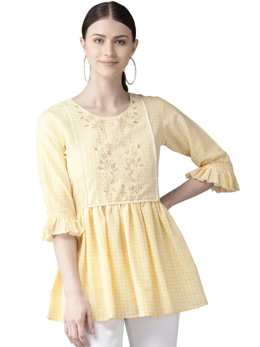 Ahalyaa Yellow & White Checked A-Line Top