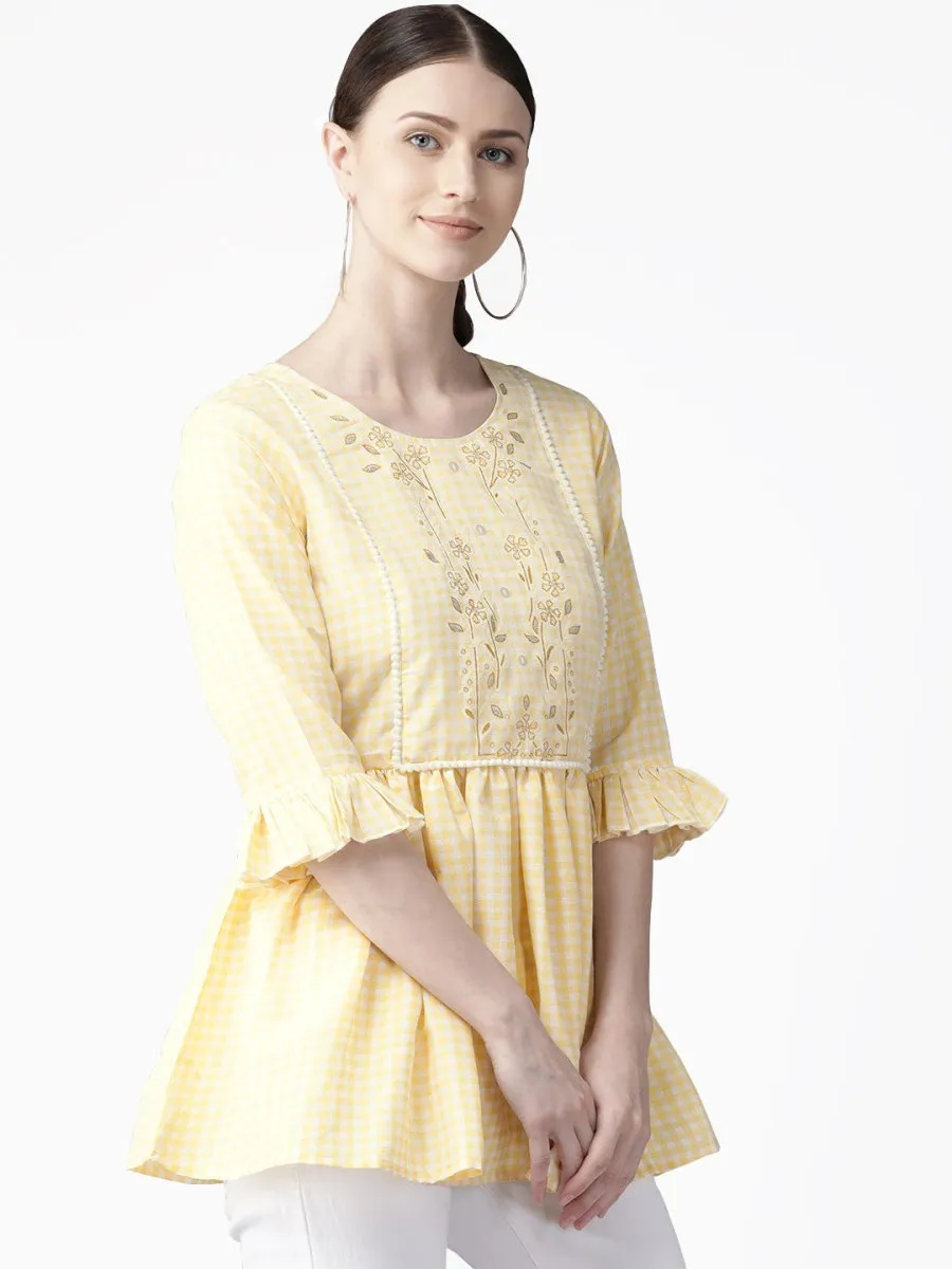 Ahalyaa Yellow & White Checked A-Line Top