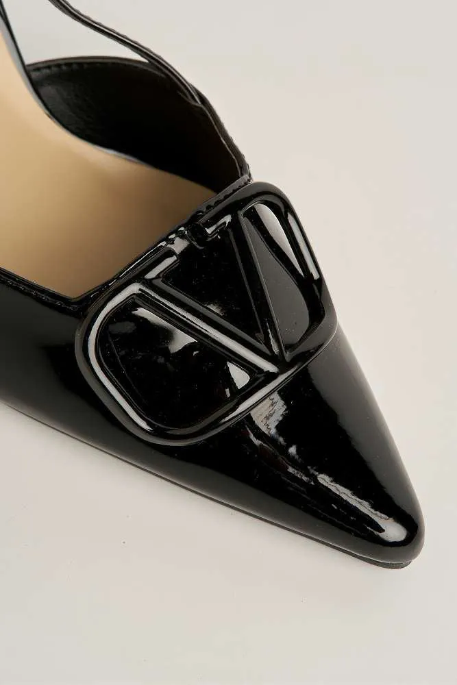 Cia Brooch Detail Slingback Court Shoes in Black