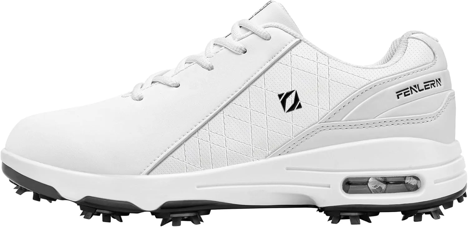 FENLERN Golf Shoes Men, Spiked, Waterproof Leather Upper, Cushioning F006