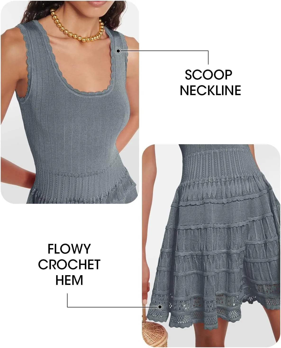 Fisoew Womens Summer Mini Dresses Casual Crewneck Knitted Crochet Hem Flowy Tank Sundress