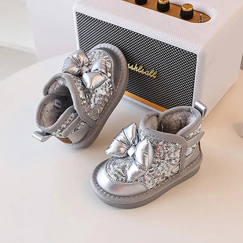 Girls' Butterfly-knot Bling Warm Plush Snow Boots