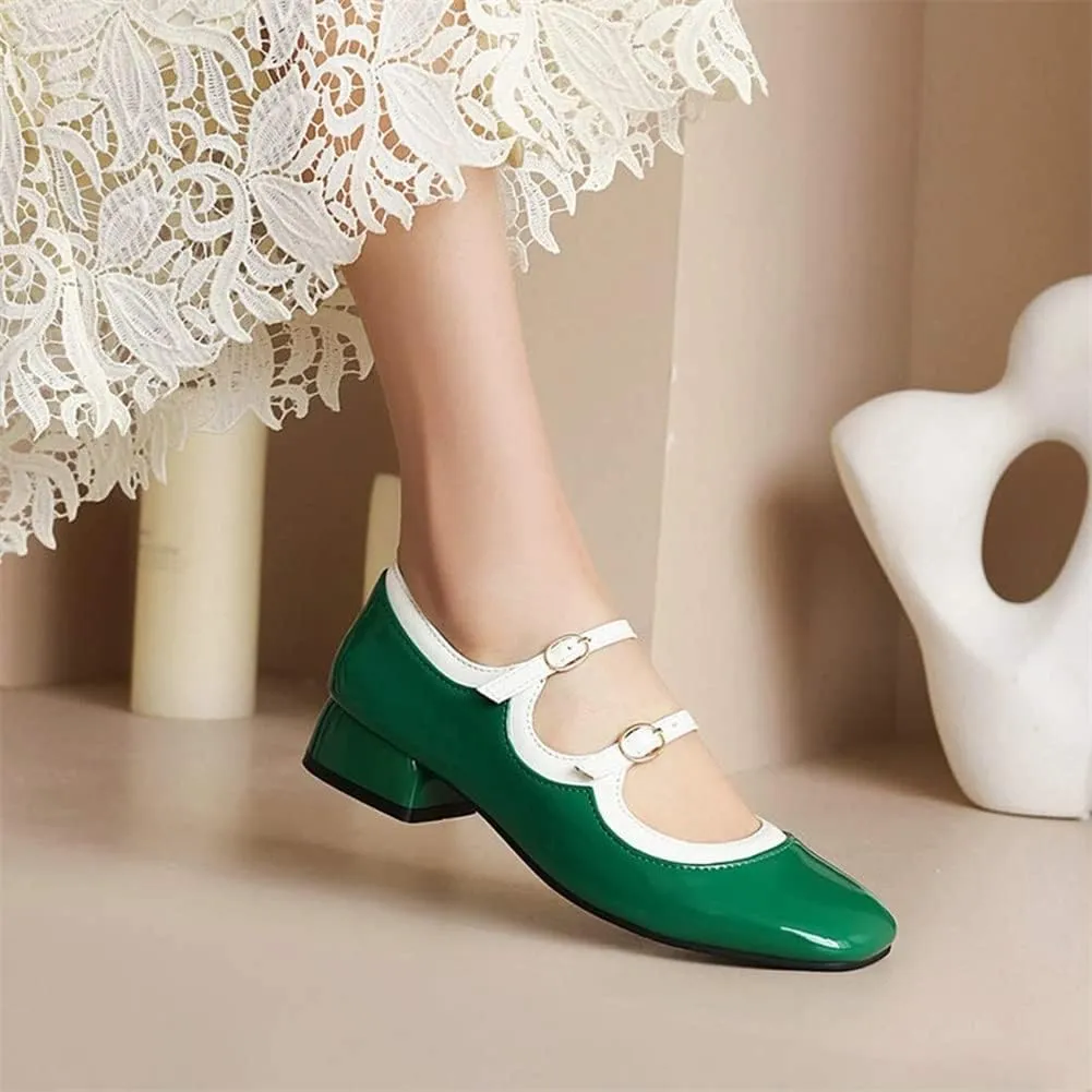 HOTRA Womens Patent Leather Mary Janes Square Toe Buckle Strappy Block Low Heel Dress Shoes (Color : Green, Size : 12 US)