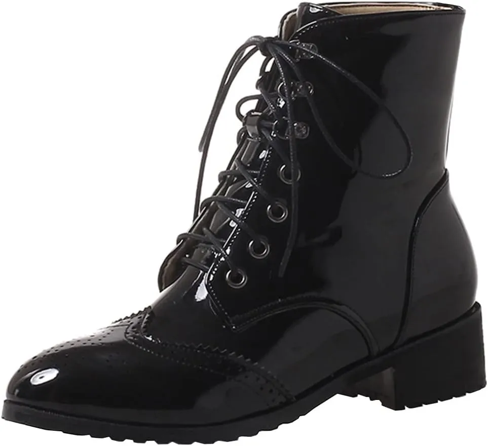 KIKIVIVI Womens Patent Leather Lace Up Chunky Low Heel Brogue Ankle Boots