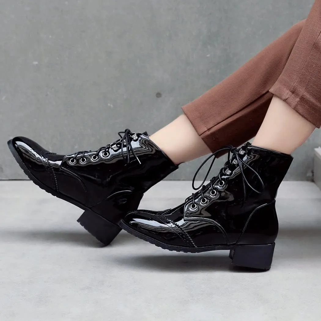 KIKIVIVI Womens Patent Leather Lace Up Chunky Low Heel Brogue Ankle Boots