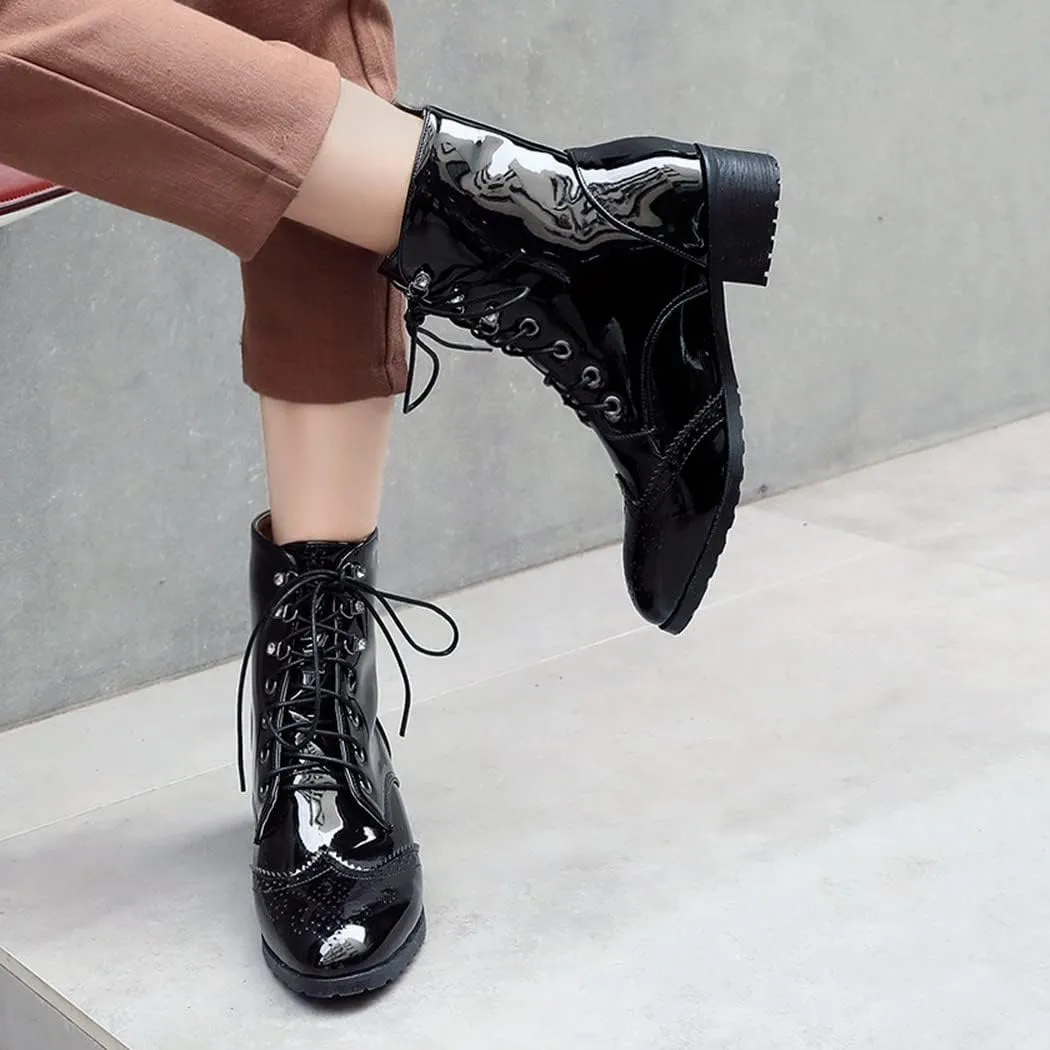 KIKIVIVI Womens Patent Leather Lace Up Chunky Low Heel Brogue Ankle Boots