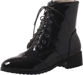 KIKIVIVI Womens Patent Leather Lace Up Chunky Low Heel Brogue Ankle Boots