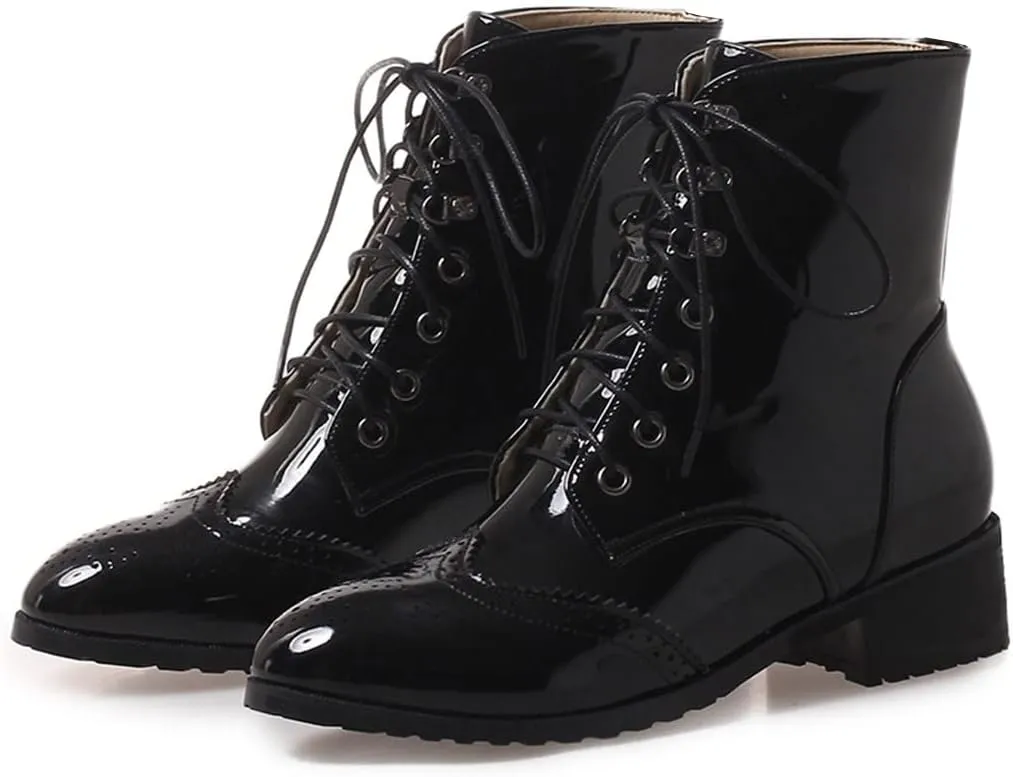 KIKIVIVI Womens Patent Leather Lace Up Chunky Low Heel Brogue Ankle Boots