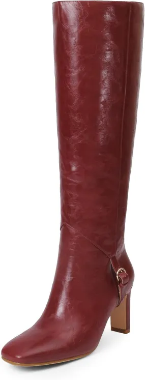Knee High Boots for Women Square Toe and 3 IN Block Low Heel Boots Buckle Design Womens Fashion Tall Boots