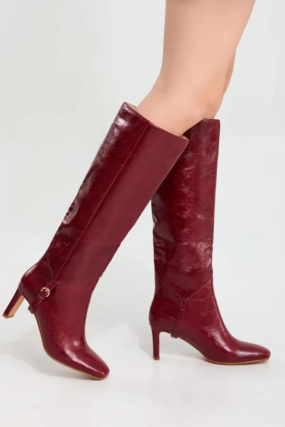 Knee High Boots for Women Square Toe and 3 IN Block Low Heel Boots Buckle Design Womens Fashion Tall Boots