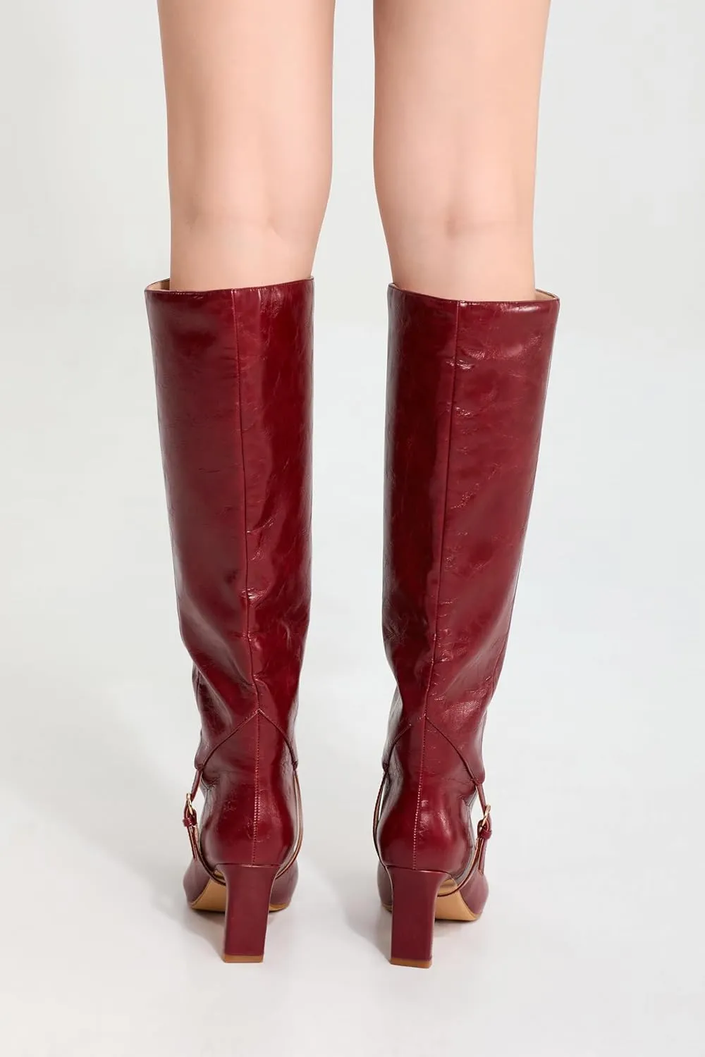 Knee High Boots for Women Square Toe and 3 IN Block Low Heel Boots Buckle Design Womens Fashion Tall Boots
