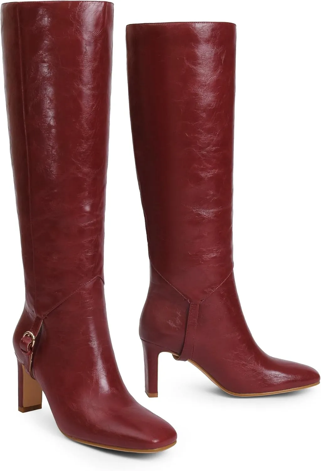 Knee High Boots for Women Square Toe and 3 IN Block Low Heel Boots Buckle Design Womens Fashion Tall Boots