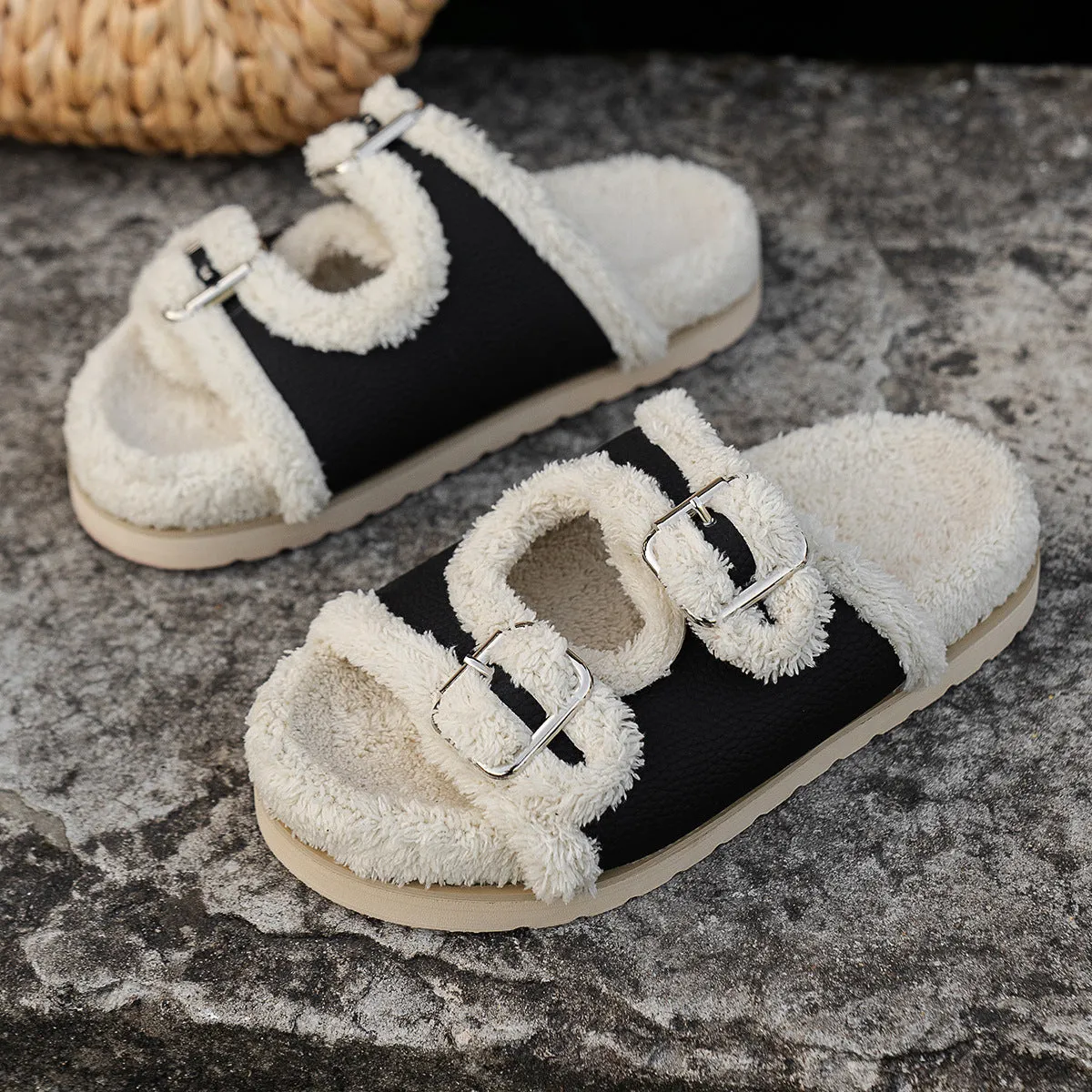 Lamb Wool Fleece-lined Warm Slippers