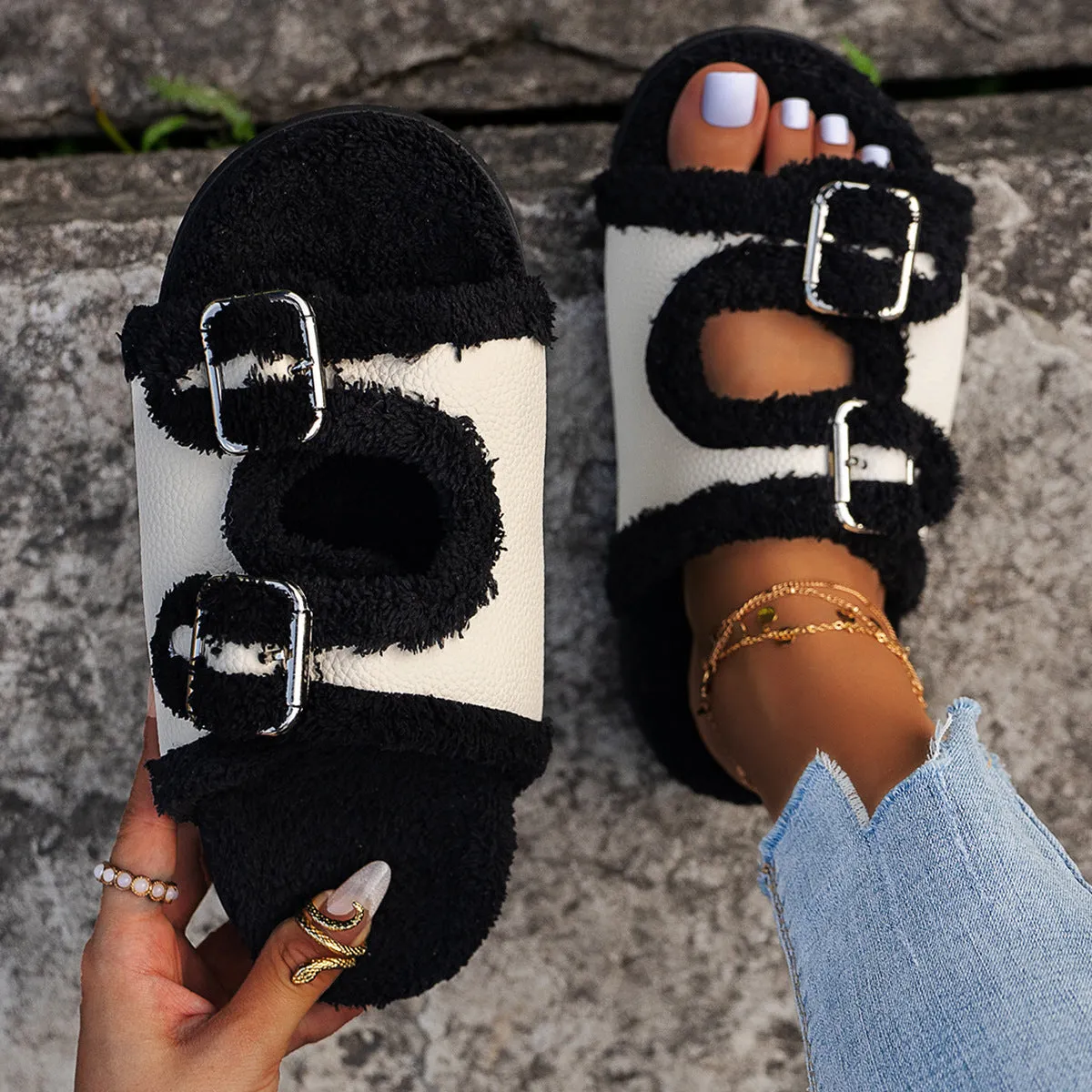 Lamb Wool Fleece-lined Warm Slippers