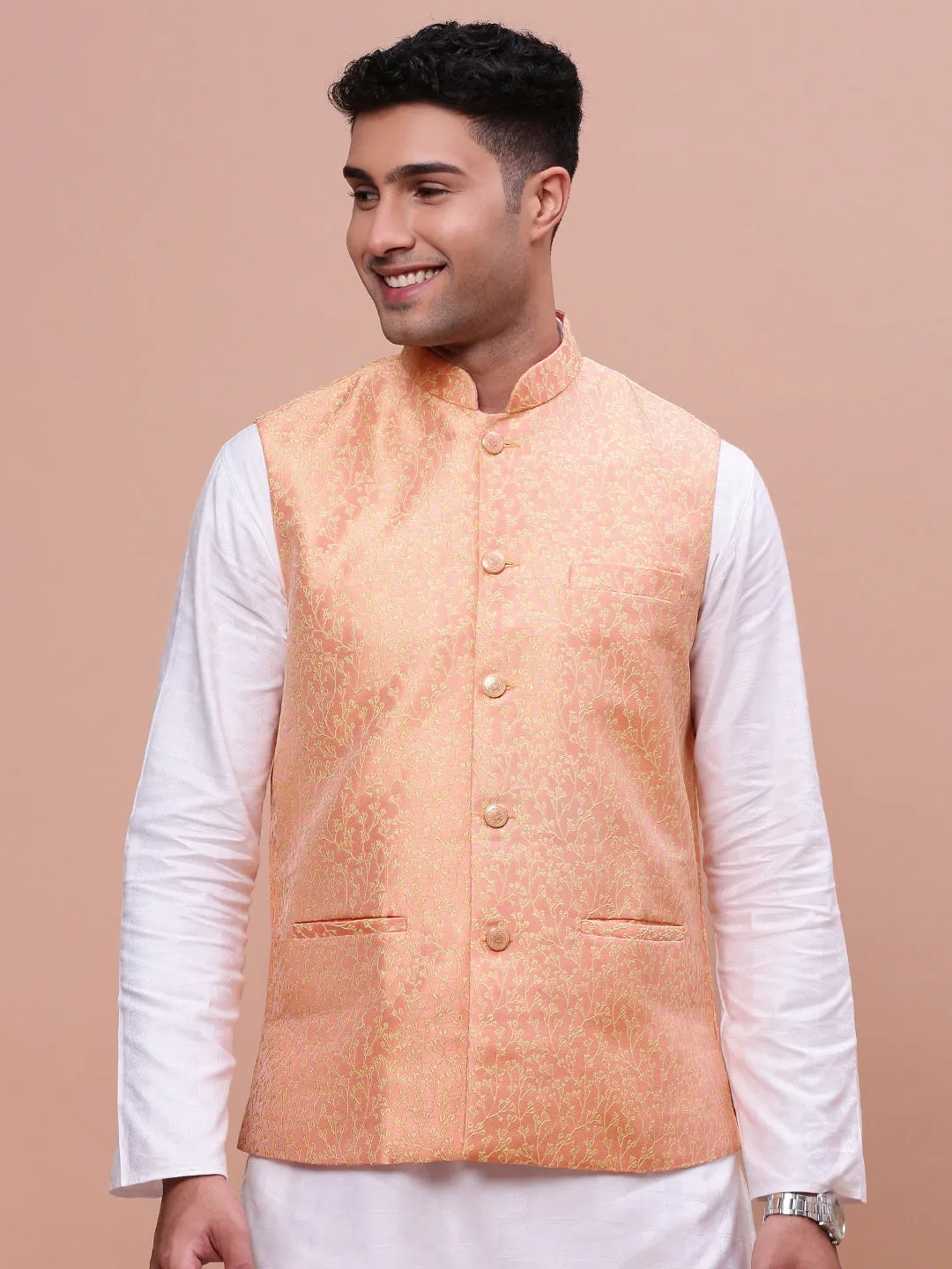 Men Woven Design Orange Slim Fit Nehru Jacket