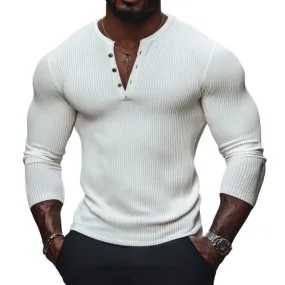 Men's Casual Cotton Blend Button V-Neck Slim Fit Long Sleeve T-Shirt 68828584M
