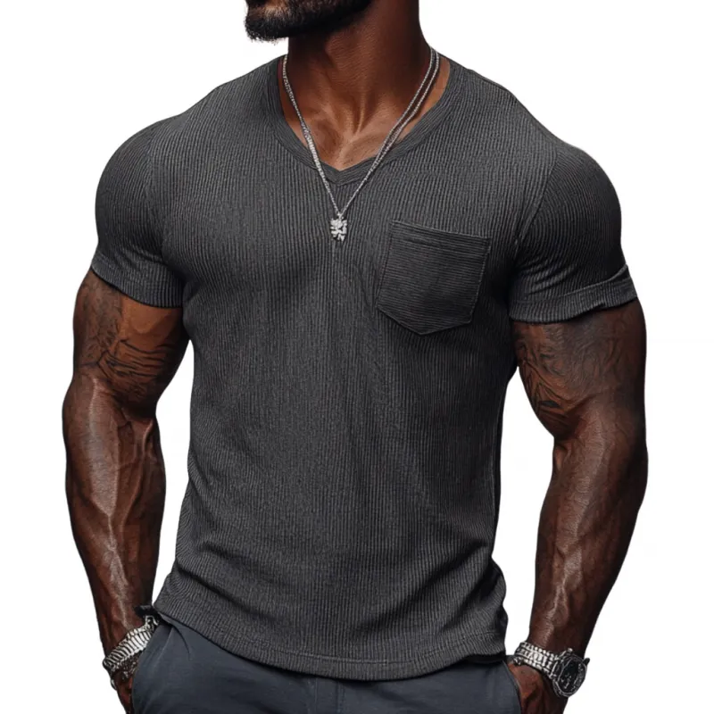 Men's Casual Ribbed Cotton Blend V-neck Slim Fit Short-sleeved T-shirt 51265184M
