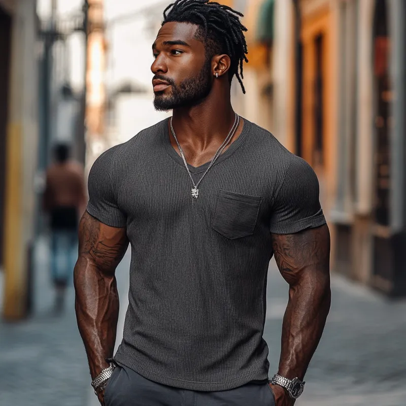 Men's Casual Ribbed Cotton Blend V-neck Slim Fit Short-sleeved T-shirt 51265184M