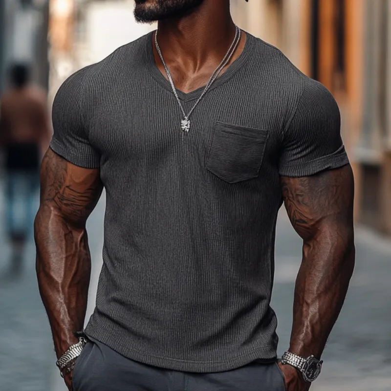 Men's Casual Ribbed Cotton Blend V-neck Slim Fit Short-sleeved T-shirt 51265184M