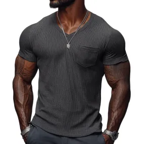 Men's Casual Ribbed Cotton Blend V-neck Slim Fit Short-sleeved T-shirt 51265184M