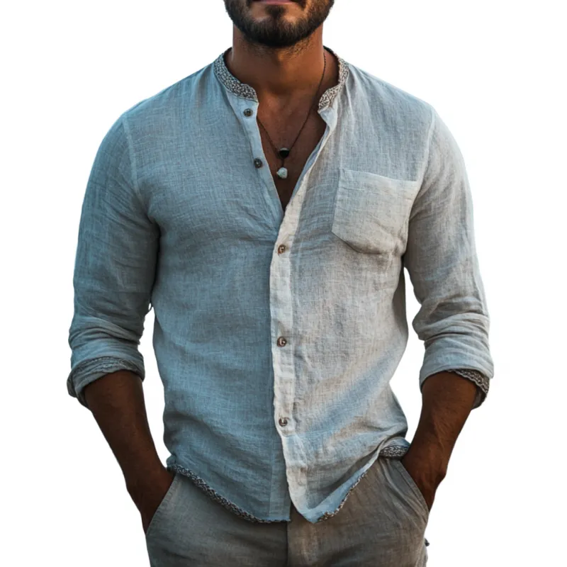 Men's Casual Stand-up Collar Linen Trim Patchwork Slim Fit Long-sleeved Shirt 94842857M