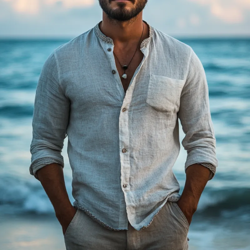 Men's Casual Stand-up Collar Linen Trim Patchwork Slim Fit Long-sleeved Shirt 94842857M
