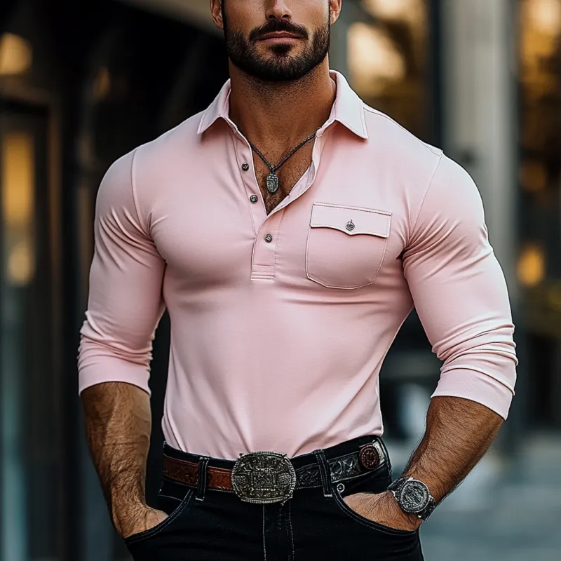 Men's Fashion Slim Fit Chest Pocket Long Sleeve Polo Shirt 59491932Y