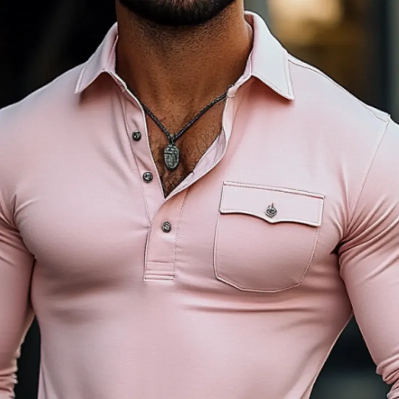 Men's Fashion Slim Fit Chest Pocket Long Sleeve Polo Shirt 59491932Y