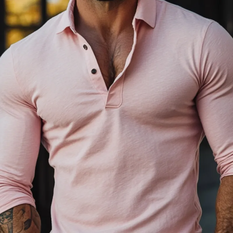 Men's Fashion Solid Color Slim Fit Buttons Lapel Long Sleeves Polo Shirt 38275435Y