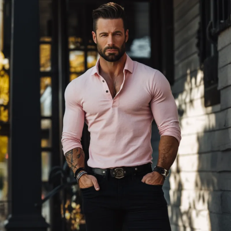 Men's Fashion Solid Color Slim Fit Buttons Lapel Long Sleeves Polo Shirt 38275435Y
