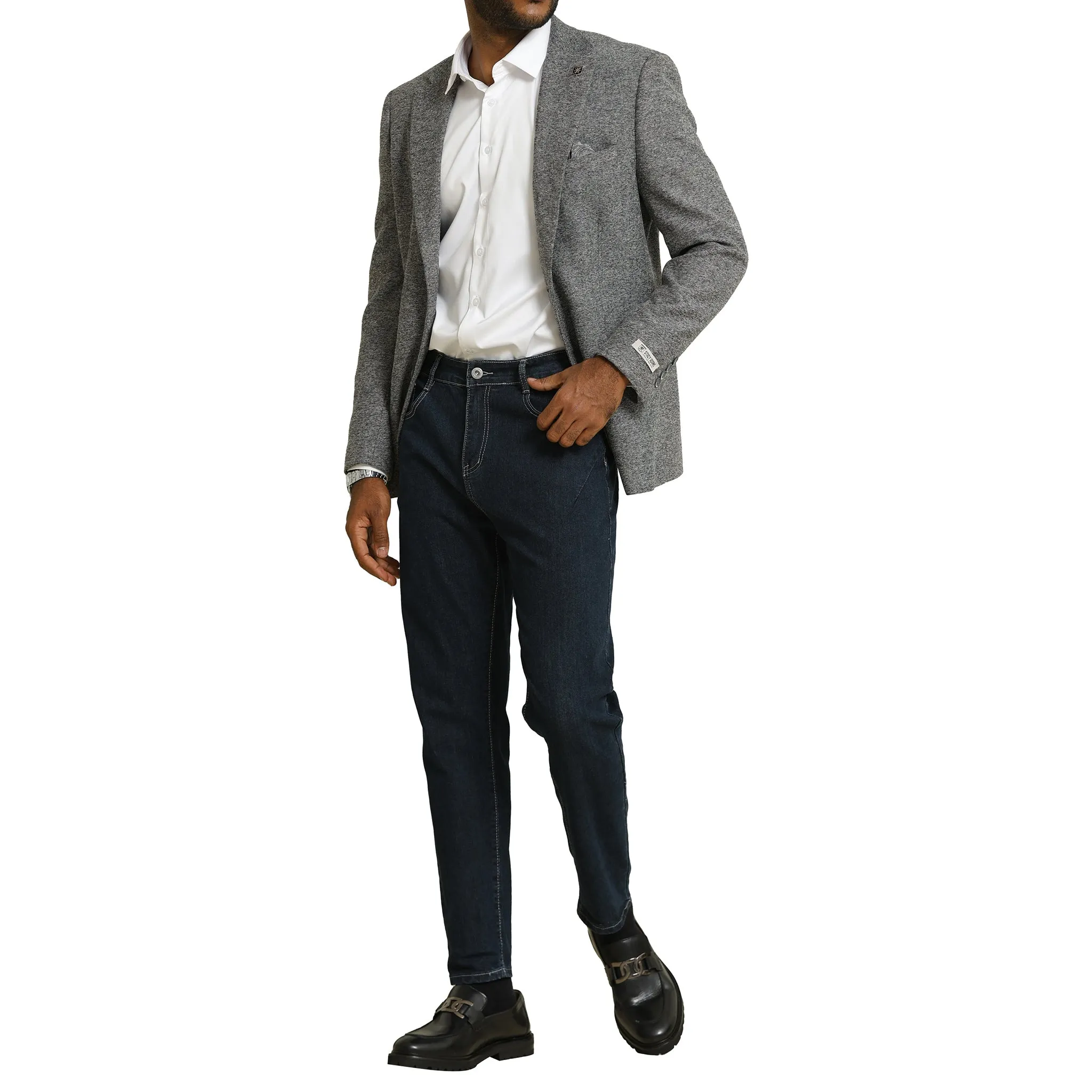 Men's Grey Tweed Blazer with White Dress Shirt and Dark Denim Ensemble
