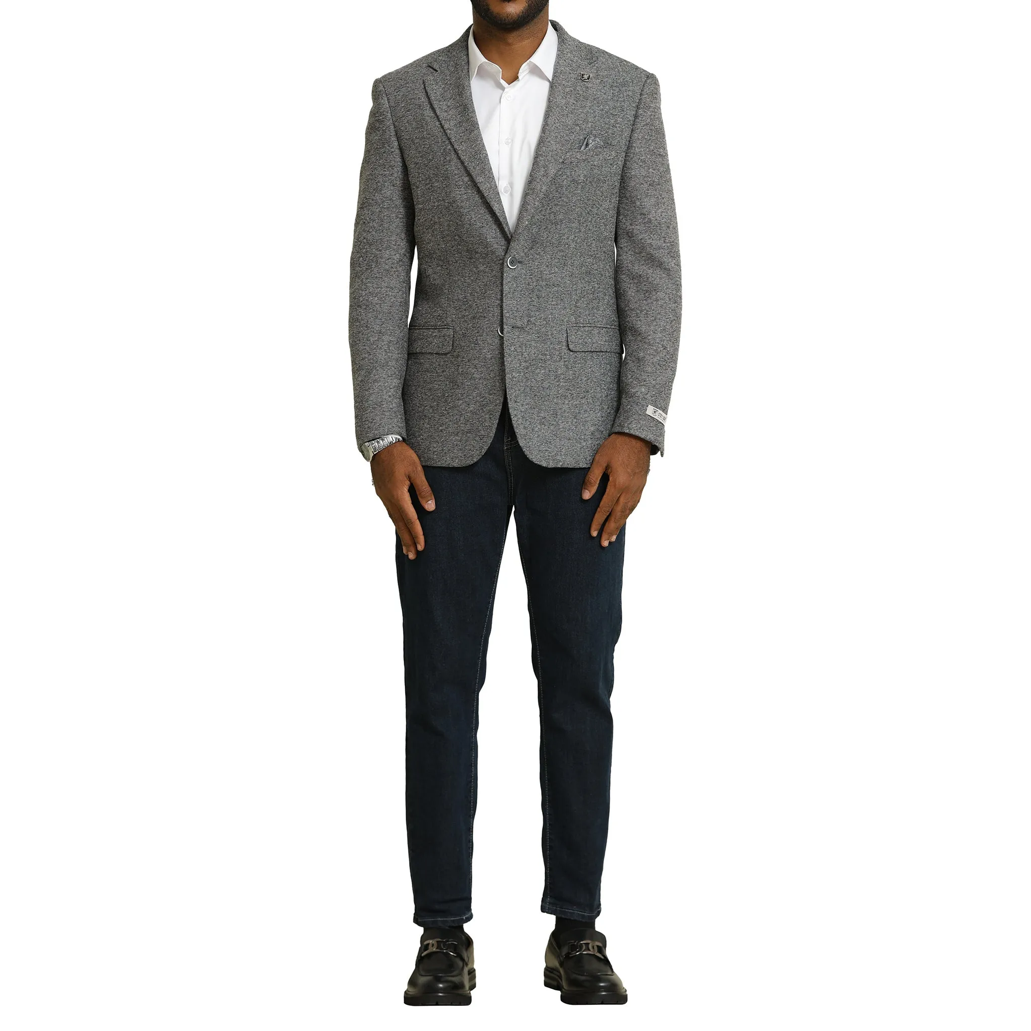 Men's Grey Tweed Blazer with White Dress Shirt and Dark Denim Ensemble