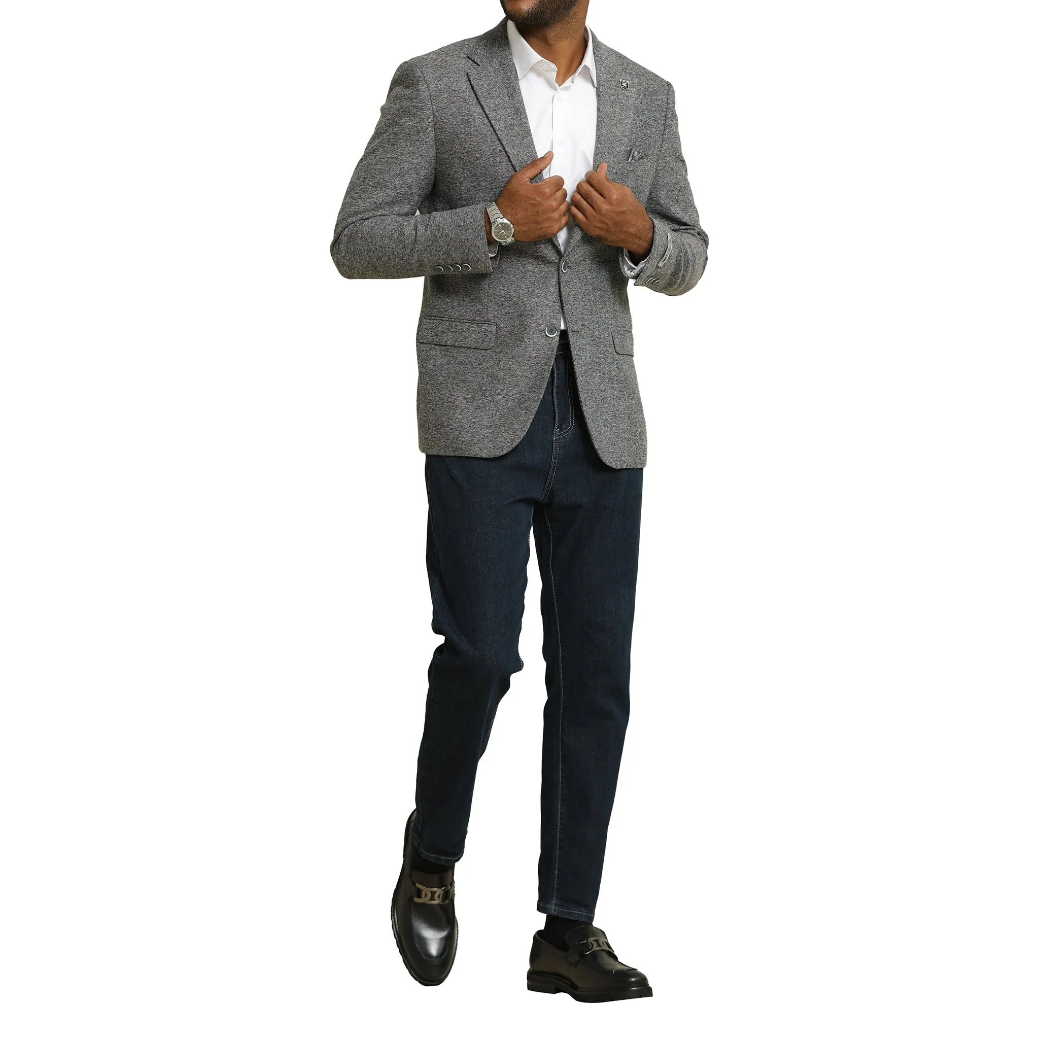 Men's Grey Tweed Blazer with White Dress Shirt and Dark Denim Ensemble