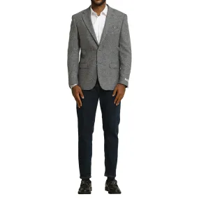 Men's Grey Tweed Blazer with White Dress Shirt and Dark Denim Ensemble