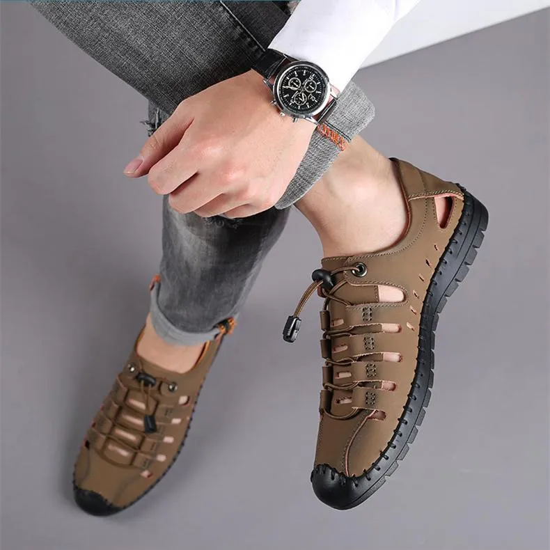 Men's hollow breathable closed toe water sandals elastic front lace sandals