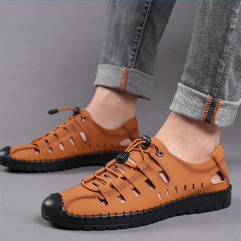 Men's hollow breathable closed toe water sandals elastic front lace sandals