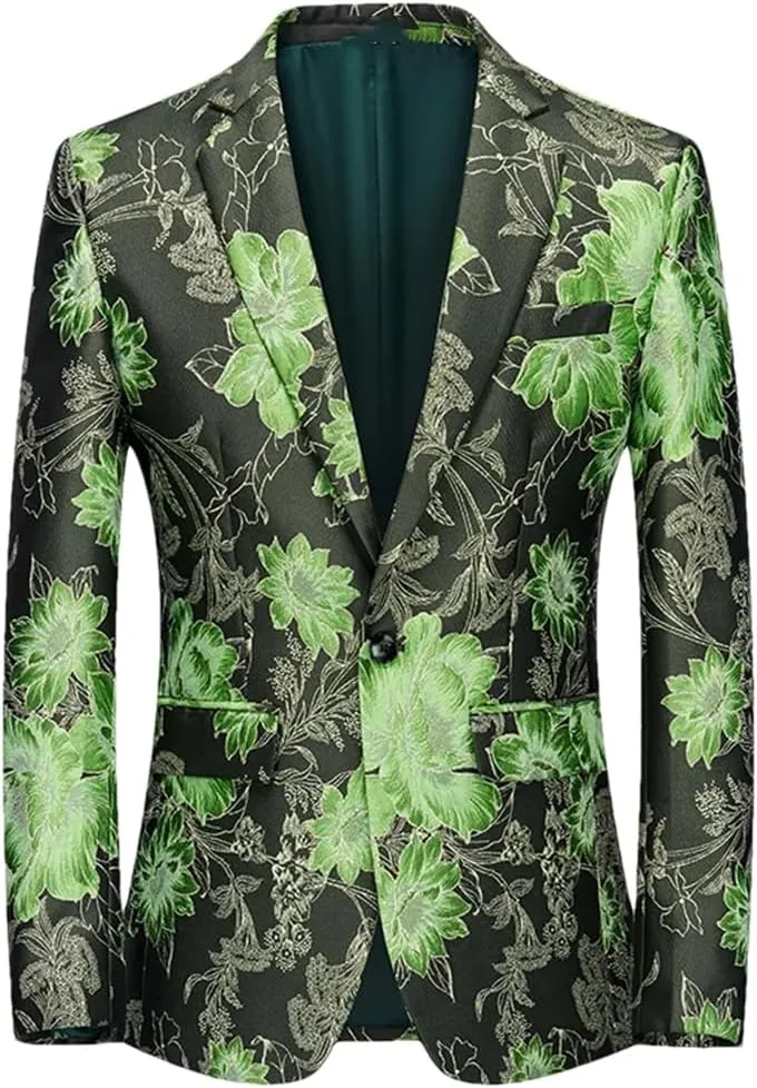 Men’S Skinny Fit Fashion Suit with Button Fly Flat Front Single Breasted Closure Stage Performance Blazer