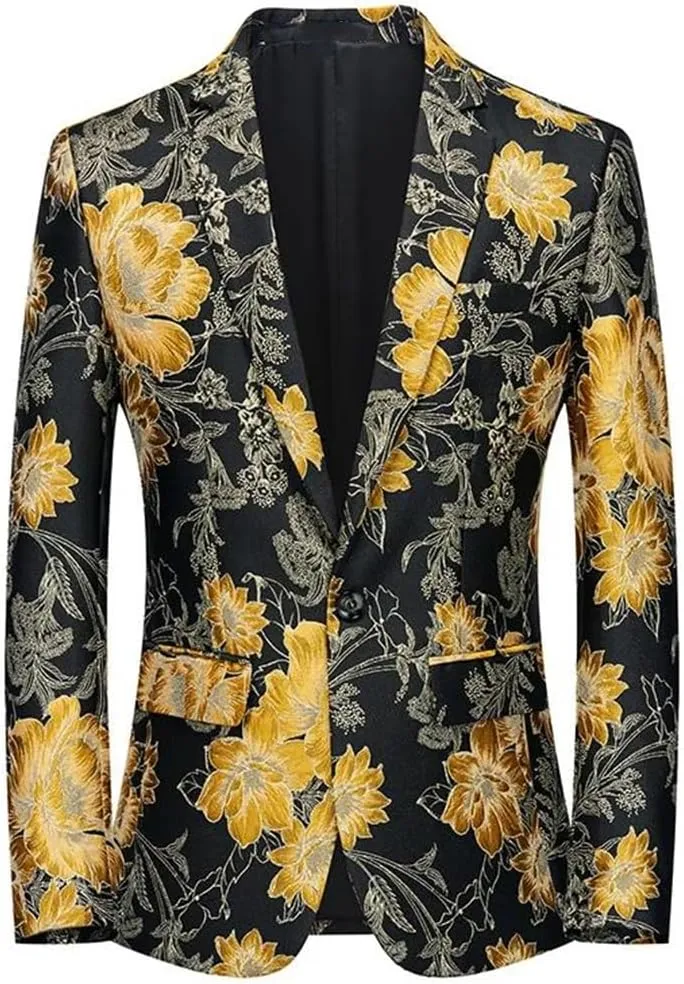 Men’S Skinny Fit Fashion Suit with Button Fly Flat Front Single Breasted Closure Stage Performance Blazer