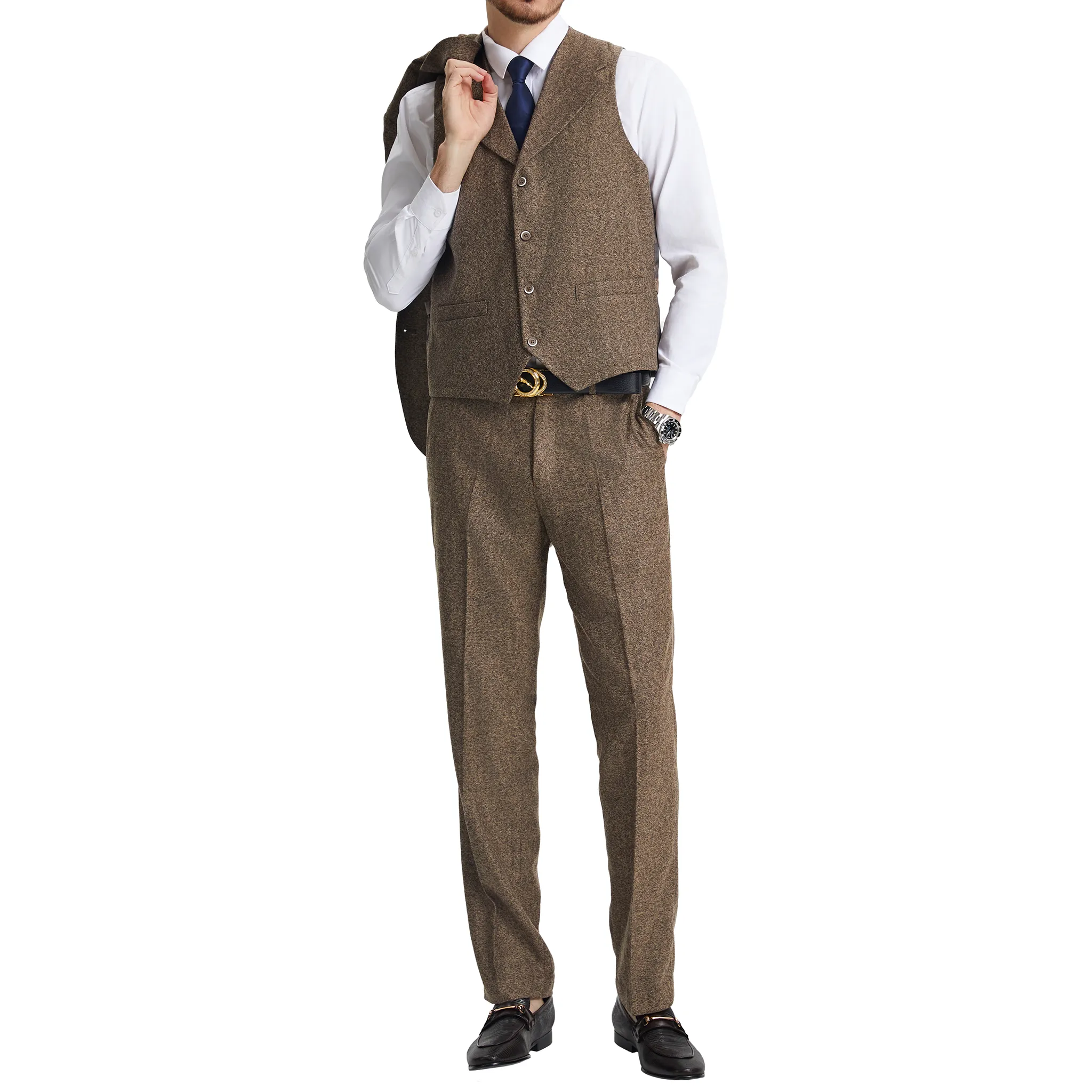 Men's Slim-Fit Brown Tweed Three-Piece Suit