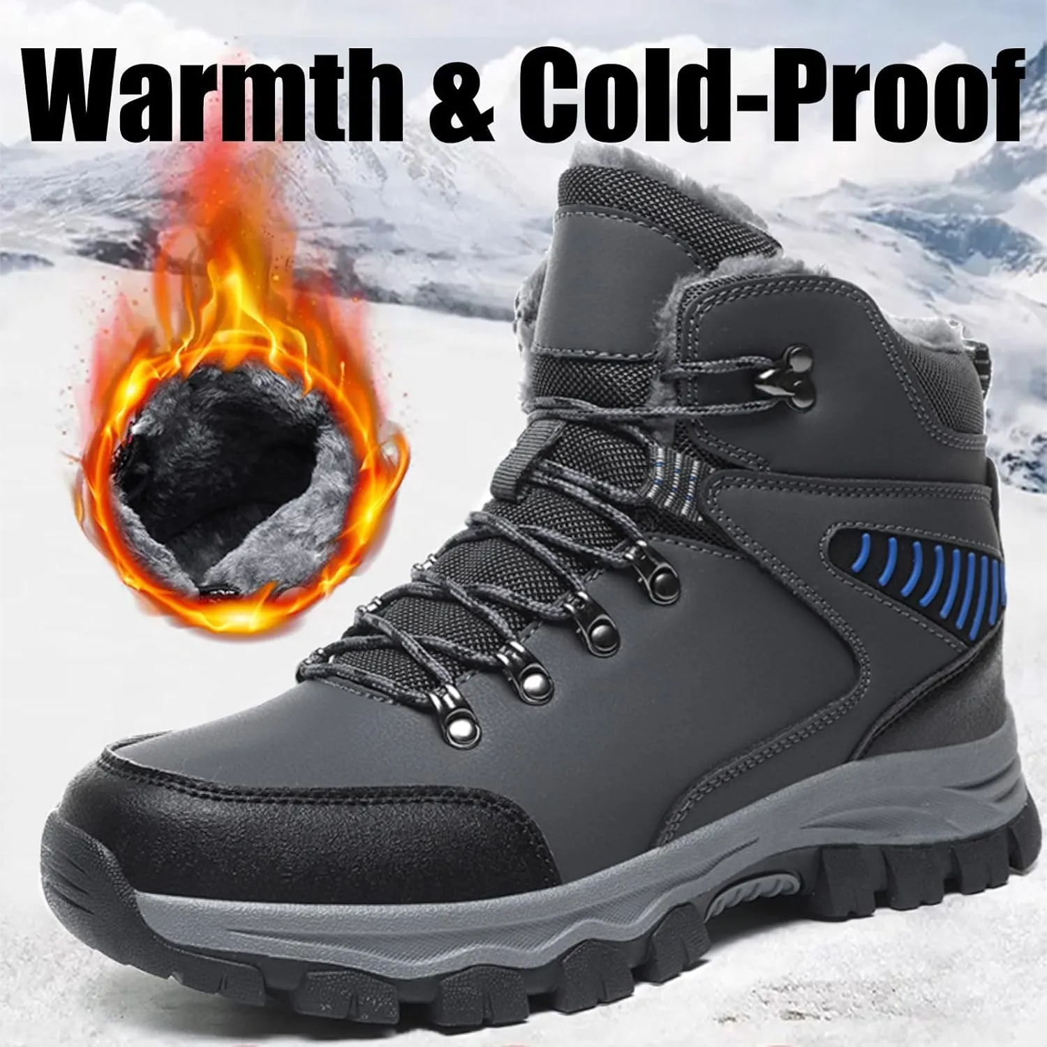 Men's Winter Snow Boots Anti-Slip Water-Proof Warm Lightweight Fur-Lined Outdoor Comfort Insulated Ankle Lace-Up Wear-Resistant Cold Hiking Classic Booties