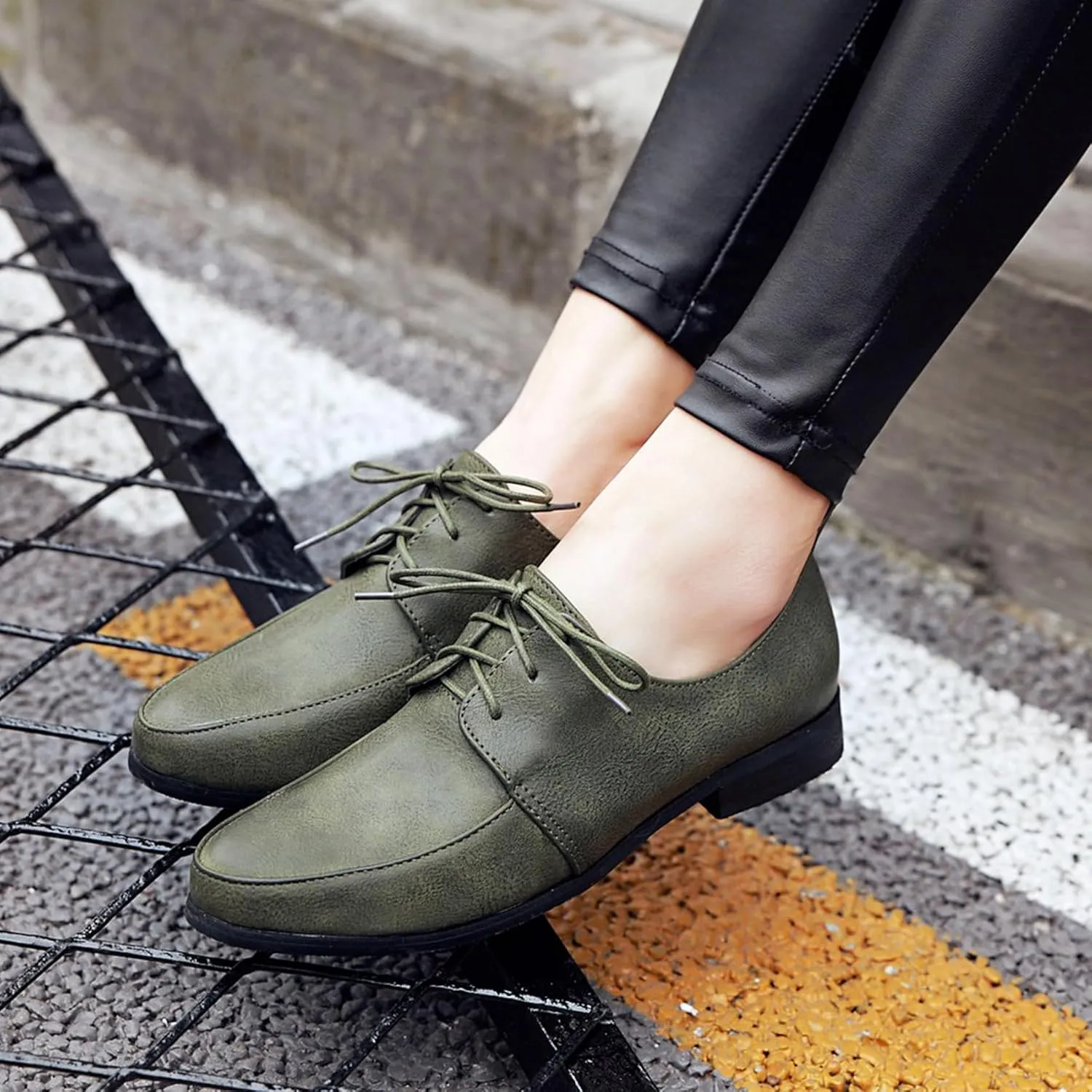 Patent Lace Up Womens Oxfords Mid Low Heel Pointed Toe Pumps