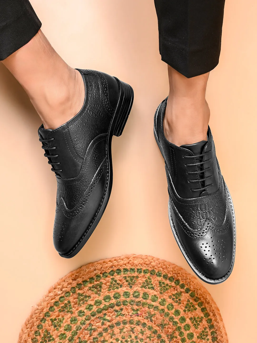Pelle Albero Black Leather Comfortable/Lightweight Brogues