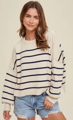 relaxed crop stripe sweater - cream/navy