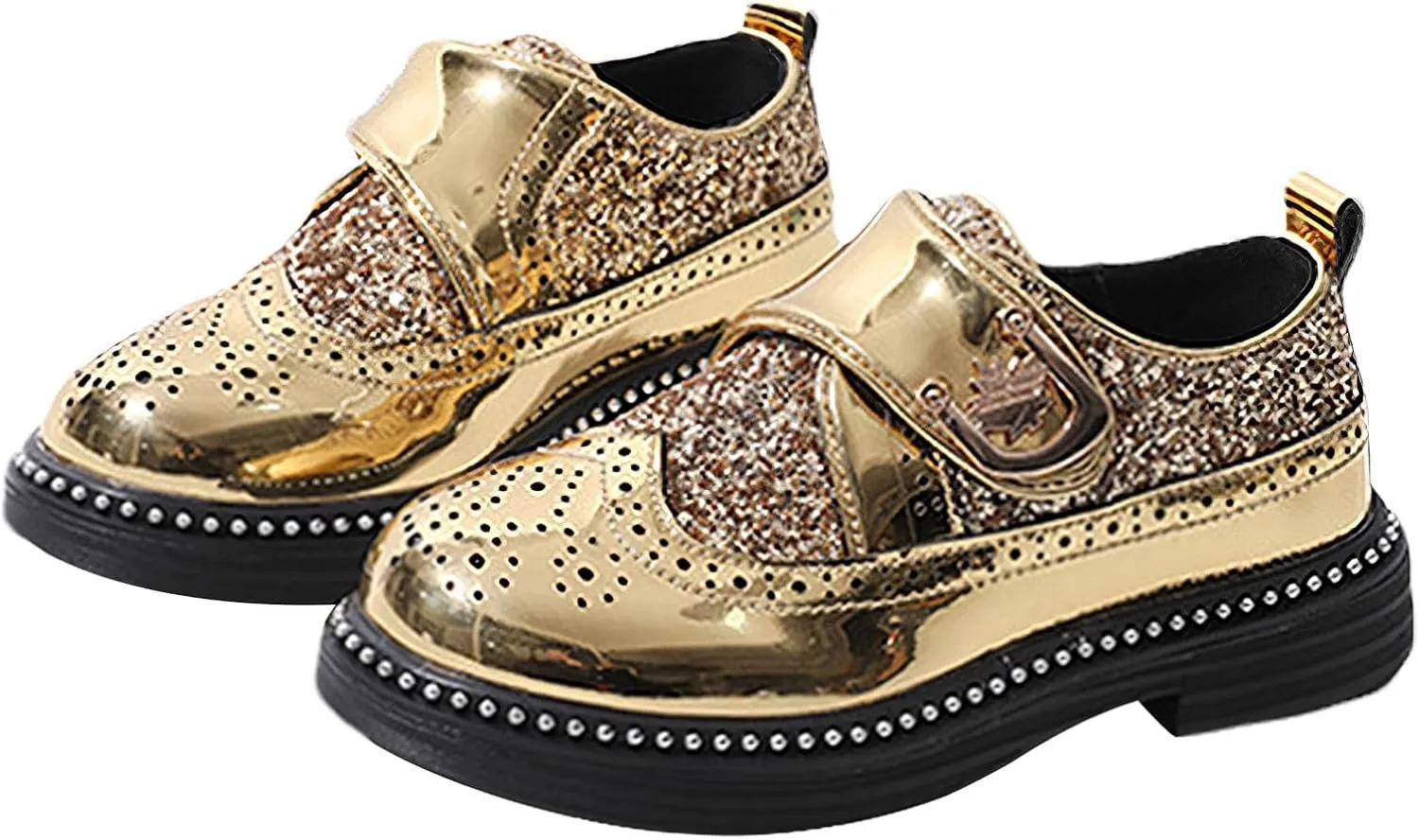 rismart Boys & Girls Hook & Loop Dress Shoes Sparkly Sequins Brogue Wingtip Oxfords for Wedding Birthday School