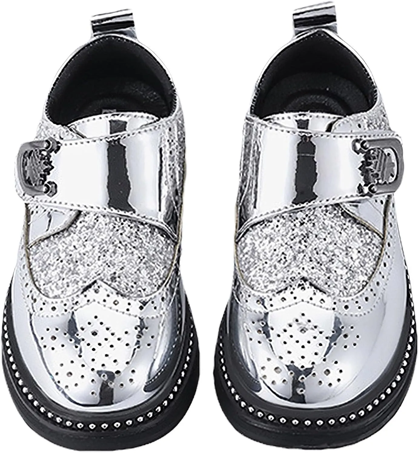 rismart Boys & Girls Hook & Loop Dress Shoes Sparkly Sequins Brogue Wingtip Oxfords for Wedding Birthday School