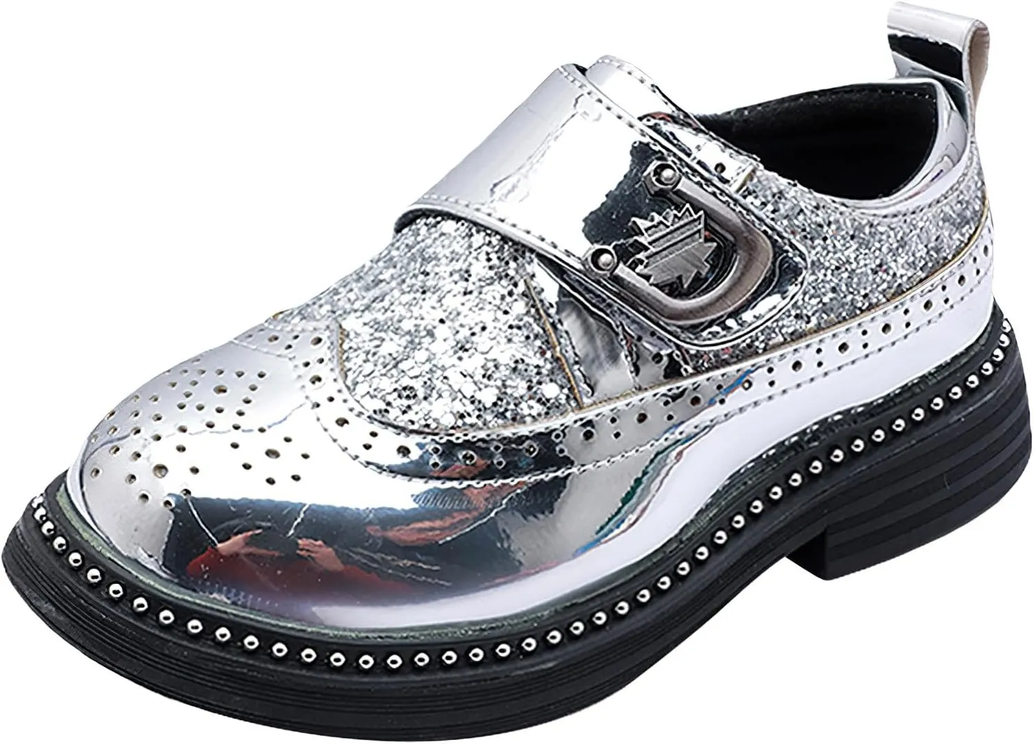 rismart Boys & Girls Hook & Loop Dress Shoes Sparkly Sequins Brogue Wingtip Oxfords for Wedding Birthday School