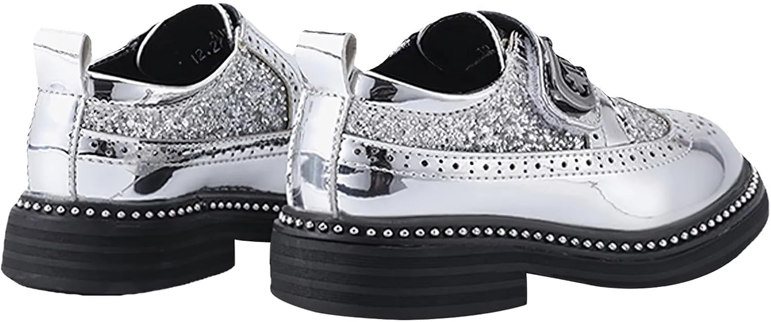rismart Boys & Girls Hook & Loop Dress Shoes Sparkly Sequins Brogue Wingtip Oxfords for Wedding Birthday School