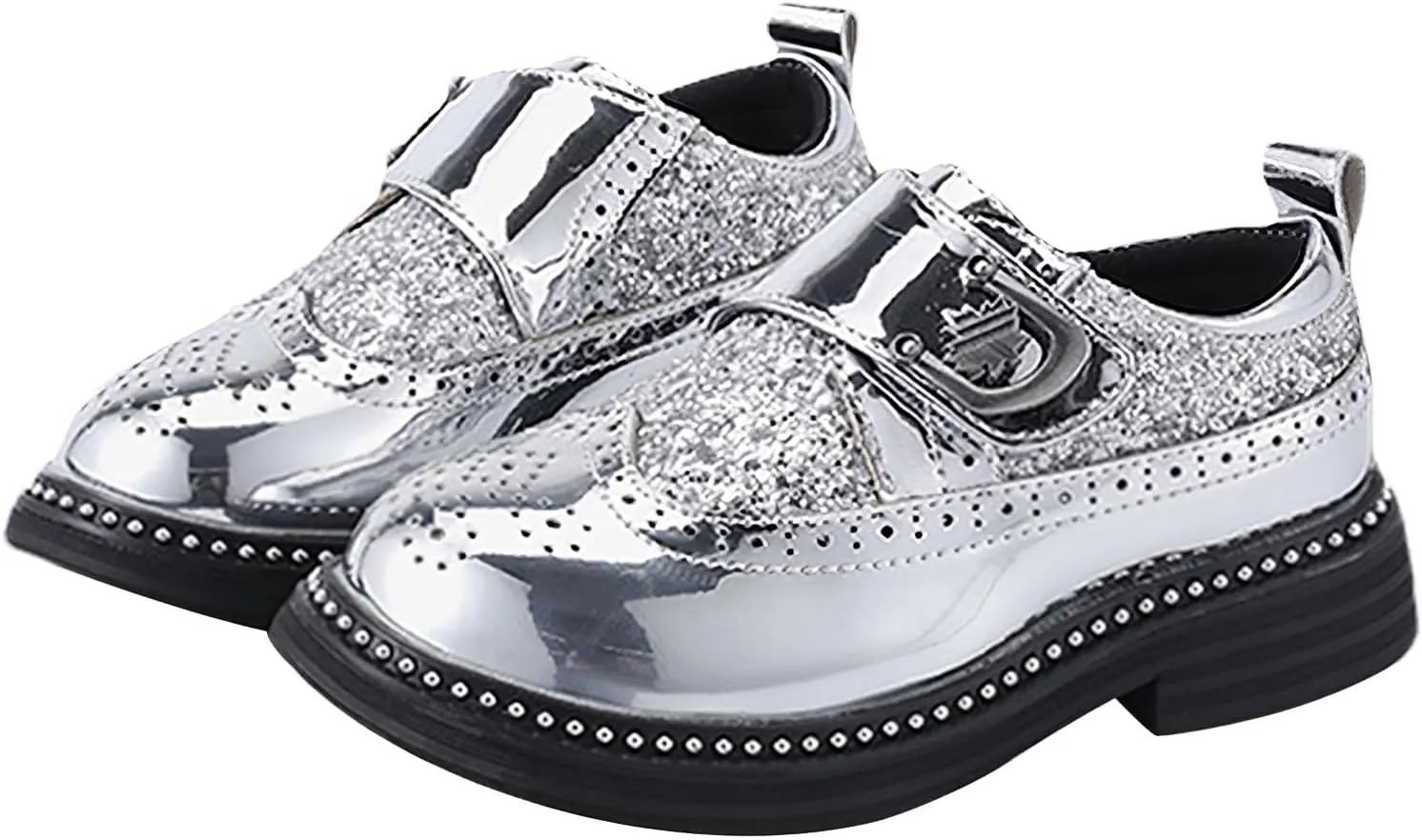 rismart Boys & Girls Hook & Loop Dress Shoes Sparkly Sequins Brogue Wingtip Oxfords for Wedding Birthday School